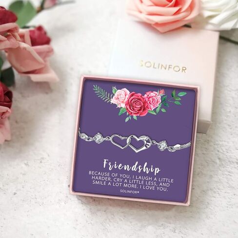 SOLINFOR Friendship Bracelet - Two Interlocking Hearts Sterling Silver Bracelet - BFF Friends Friendship Birthday Jewelry Gift Idea for Women in Kuwait