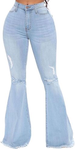 CutieLove Women's Ripped Jeans Bell Bottom Flare Jeans Mid Rise Destroyed Hem Denim Pants in Kuwait