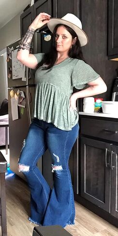 CutieLove Women's Ripped Jeans Bell Bottom Flare Jeans Mid Rise Destroyed Hem Denim Pants in Kuwait