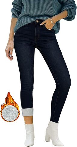 Utyful Womens Fleece Lined Jeans High Waisted Stretch Thermal Fleece Denim Jeggings Skinny Warm Leggings Lined Pants Winter in Kuwait