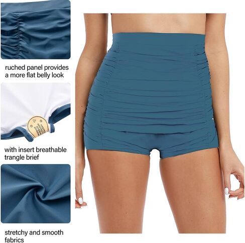 Firpearl Women's High Waisted Bikini Bottom 50s Ruched Boyleg Swim Shorts Swimsuit Bottom in Kuwait