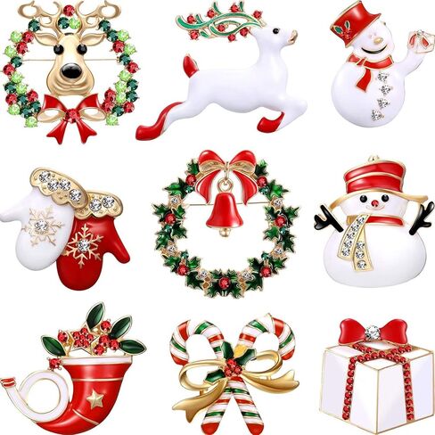 Hicarer 9 Pieces Christmas Brooch Pins Set with Rhinestone for Women, Crystal Cute Enamel Pins Snowman Bells Christmas Trees Jewelry Pins for Xmas Decorations in Saudi Arabia
