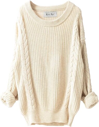 LINY XIN Women's 2023 Oversized Fall Winter Warm Crewneck Long Sleeve Knit Cable Long Pullover Merino Wool Sweater Dress in Kuwait