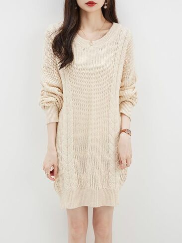 LINY XIN Women's 2023 Oversized Fall Winter Warm Crewneck Long Sleeve Knit Cable Long Pullover Merino Wool Sweater Dress in Kuwait