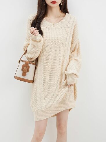 LINY XIN Women's 2023 Oversized Fall Winter Warm Crewneck Long Sleeve Knit Cable Long Pullover Merino Wool Sweater Dress in Kuwait