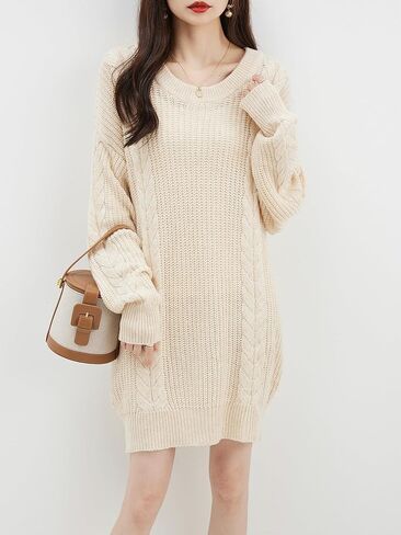 LINY XIN Women's 2023 Oversized Fall Winter Warm Crewneck Long Sleeve Knit Cable Long Pullover Merino Wool Sweater Dress in Kuwait