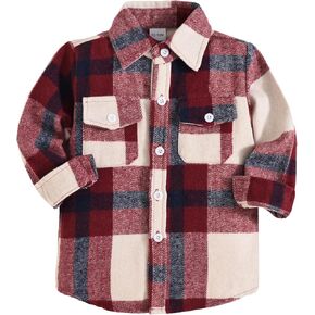 WOLBAY Kids Toddler Boys Girls Button Down Shirt Long Sleeve Boys Flannel Plaid Shirts Shacket 12 Months- Size 7