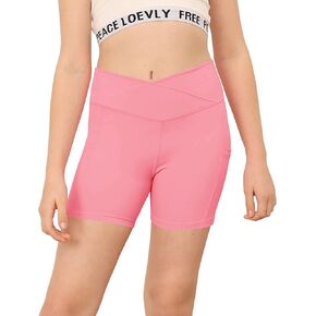 Aurgelmir Girls' 4" Volleyball Shorts Crossover Athletic Yoga Dance Biker Shorts for Kids Gymnastics Shorts with Pockets in Kuwait