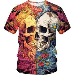 تي شيرت رجالي من Srcnhim مطبوع عليه زهرة مع جمجمة، تي شيرت بأكمام قصيرة ورسوم جرافيك جديدة in Kuwait