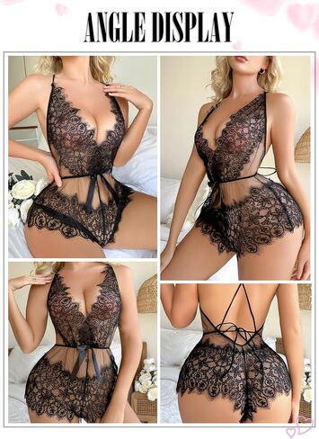 ADSEXY Lingerie for Women Sexy Lace Teddy Sheer One Piece See Through Bodysuit Deep V Neck Mini Eyelash Babydoll Black in Saudi Arabia