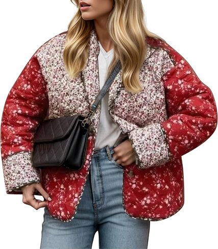 Hixiaohe Women's Cropped Puffer Jacket Floral Printed Lightweight Open Front Short Quilted Outwear Winter Padded Cardigan in Kuwait