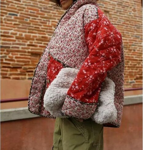 Hixiaohe Women's Cropped Puffer Jacket Floral Printed Lightweight Open Front Short Quilted Outwear Winter Padded Cardigan in Kuwait