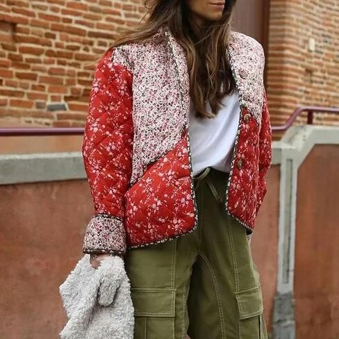 Hixiaohe Women's Cropped Puffer Jacket Floral Printed Lightweight Open Front Short Quilted Outwear Winter Padded Cardigan in Kuwait