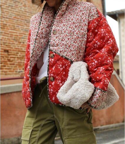 Hixiaohe Women's Cropped Puffer Jacket Floral Printed Lightweight Open Front Short Quilted Outwear Winter Padded Cardigan in Kuwait