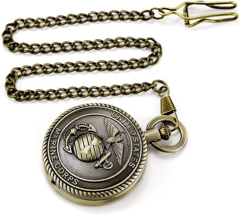 ساعة جيب للرجال من Morfong كوارتز بسلسلة من طراز مشاة البحرية الأمريكية ساعات فوب مع سلسلة قلادة صندوق هدايا, برونزي in Kuwait