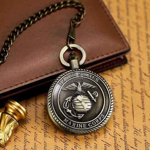 ساعة جيب للرجال من Morfong كوارتز بسلسلة من طراز مشاة البحرية الأمريكية ساعات فوب مع سلسلة قلادة صندوق هدايا, برونزي in Kuwait