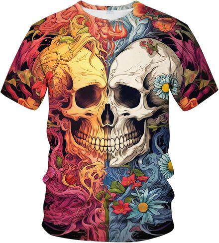 تي شيرت رجالي من Srcnhim مطبوع عليه زهرة مع جمجمة، تي شيرت بأكمام قصيرة ورسوم جرافيك جديدة in Kuwait