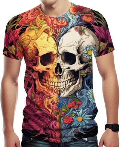 تي شيرت رجالي من Srcnhim مطبوع عليه زهرة مع جمجمة، تي شيرت بأكمام قصيرة ورسوم جرافيك جديدة in Kuwait