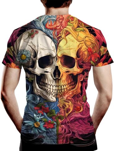 تي شيرت رجالي من Srcnhim مطبوع عليه زهرة مع جمجمة، تي شيرت بأكمام قصيرة ورسوم جرافيك جديدة in Kuwait
