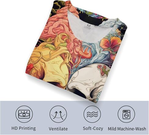 تي شيرت رجالي من Srcnhim مطبوع عليه زهرة مع جمجمة، تي شيرت بأكمام قصيرة ورسوم جرافيك جديدة in Kuwait