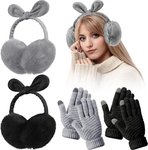 Suhine 4 Pcs Winter Earmuffs and Touch Screen Gloves Set Adjustable Ear Covers Faux Fur Ear Warmers with Fleece Bow Touchscreen Elastic Cuff Knit Gloves Women's Cold Weather Gloves in Saudi Arabia