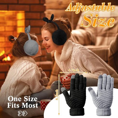 Suhine 4 Pcs Winter Earmuffs and Touch Screen Gloves Set Adjustable Ear Covers Faux Fur Ear Warmers with Fleece Bow Touchscreen Elastic Cuff Knit Gloves Women's Cold Weather Gloves in Saudi Arabia