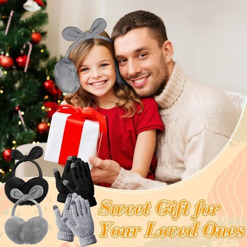 Suhine 4 Pcs Winter Earmuffs and Touch Screen Gloves Set Adjustable Ear Covers Faux Fur Ear Warmers with Fleece Bow Touchscreen Elastic Cuff Knit Gloves Women's Cold Weather Gloves in Saudi Arabia