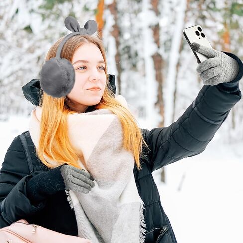 Suhine 4 Pcs Winter Earmuffs and Touch Screen Gloves Set Adjustable Ear Covers Faux Fur Ear Warmers with Fleece Bow Touchscreen Elastic Cuff Knit Gloves Women's Cold Weather Gloves in Saudi Arabia