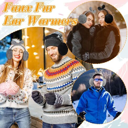 Suhine 4 Pcs Winter Earmuffs and Touch Screen Gloves Set Adjustable Ear Covers Faux Fur Ear Warmers with Fleece Bow Touchscreen Elastic Cuff Knit Gloves Women's Cold Weather Gloves in Saudi Arabia
