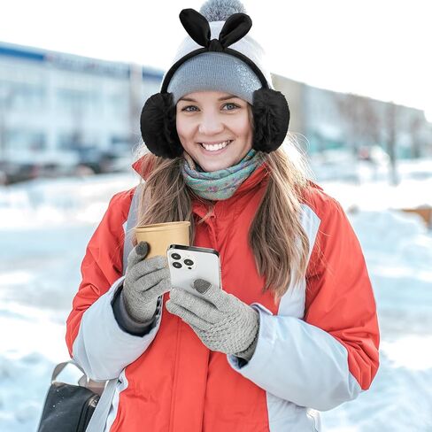 Suhine 4 Pcs Winter Earmuffs and Touch Screen Gloves Set Adjustable Ear Covers Faux Fur Ear Warmers with Fleece Bow Touchscreen Elastic Cuff Knit Gloves Women's Cold Weather Gloves in Saudi Arabia