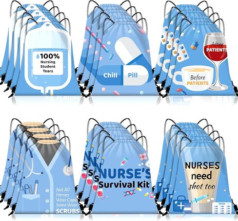 24 Pieces Funny Nurse Gift Drawstring Backpack Cute Nurse Pattern Gift Bags Lightweight Nurse Appreciation Funny Gifts Bulk for Men Women Nurse Day Nursing Week Assistant Decorations, 6 Styles in Saudi Arabia