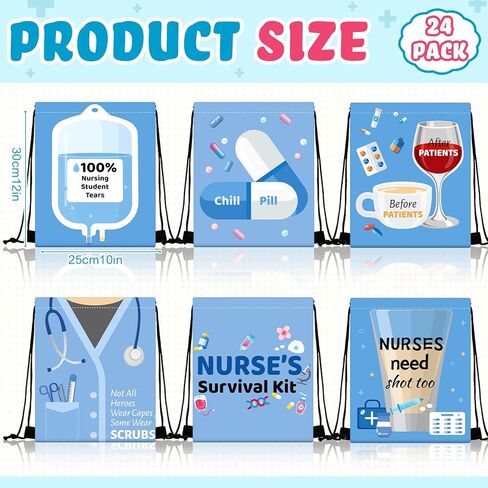 24 Pieces Funny Nurse Gift Drawstring Backpack Cute Nurse Pattern Gift Bags Lightweight Nurse Appreciation Funny Gifts Bulk for Men Women Nurse Day Nursing Week Assistant Decorations, 6 Styles in Saudi Arabia