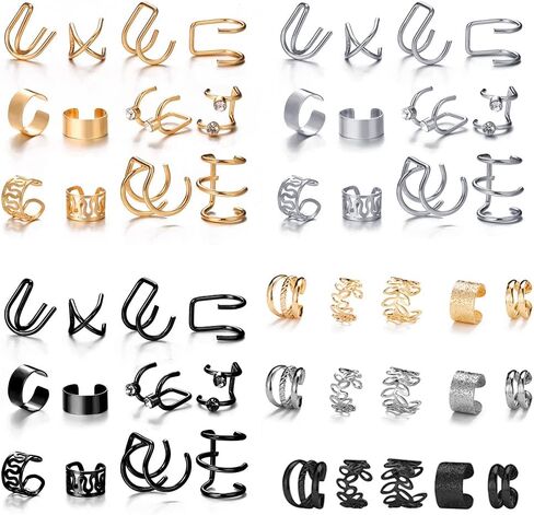 Miss JQ 51 Pcs Ear Cuff Helix Cartilage Ear Clip on Wrap Earrings Ear Cuffs for Women Men Non Piercing Ear Clip Fake Earrings Cartilage(Gold/Silver/Black) in Kuwait