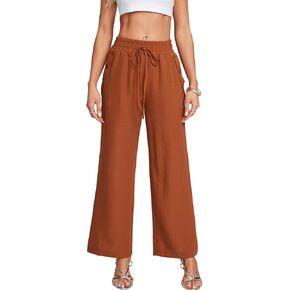 FLSETY Women's Casual Elastic High Waist Smocked Drawstring Wide Leg Long Pants with Pocket in Saudi Arabia