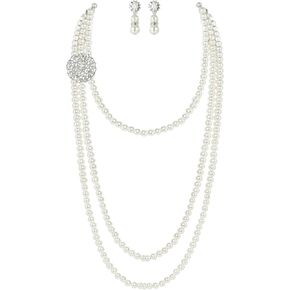 BABEYOND 1920s Gatsby Pearl Necklace Vintage Bridal Pearl Necklace Earrings Jewelry Set Multilayer Imitation Pearl Necklace with Brooch in Kuwait