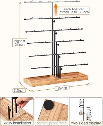 حوامل عرض حلق من HULISEN للبيع، عرض حلق قابل للتعديل لأحداث البائعين، وعروض الحرف اليدوية، وحامل رف عرض المجوهرات مع صينية خشبية لبيع بطاقات القرط، وسلاسل المفاتيح، و30 خطافًا in Kuwait
