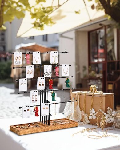 حوامل عرض حلق من HULISEN للبيع، عرض حلق قابل للتعديل لأحداث البائعين، وعروض الحرف اليدوية، وحامل رف عرض المجوهرات مع صينية خشبية لبيع بطاقات القرط، وسلاسل المفاتيح، و30 خطافًا in Kuwait
