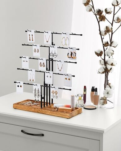 حوامل عرض حلق من HULISEN للبيع، عرض حلق قابل للتعديل لأحداث البائعين، وعروض الحرف اليدوية، وحامل رف عرض المجوهرات مع صينية خشبية لبيع بطاقات القرط، وسلاسل المفاتيح، و30 خطافًا in Kuwait