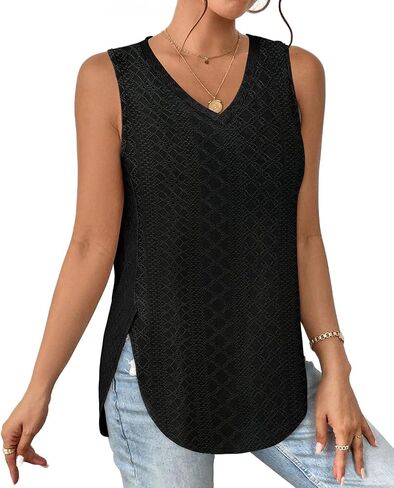 XIEERDUO Womens Tank Tops V Neck Eyelet Embroidery Casaul Sleeveless Shirts in Saudi Arabia