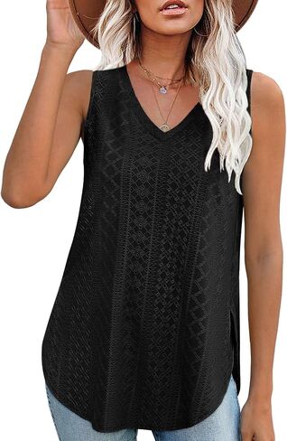 XIEERDUO Womens Tank Tops V Neck Eyelet Embroidery Casaul Sleeveless Shirts in Saudi Arabia
