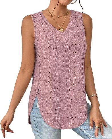 XIEERDUO Womens Tank Tops V Neck Eyelet Embroidery Casaul Sleeveless Shirts in Saudi Arabia