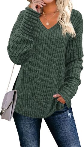 JomeDesign Womens Sweaters Long Sleeve V Neck Shirts Loose Casual Fashion Tops in Kuwait