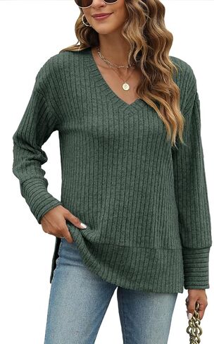 JomeDesign Womens Sweaters Long Sleeve V Neck Shirts Loose Casual Fashion Tops in Kuwait