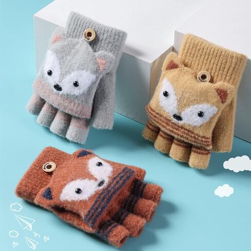 Kids Knitted Half Finger Gloves with Flip Top Winter Warm Cute Bunny Ear Typing Gloves Convertible Mittens for Girls Boys in Kuwait