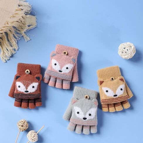 Kids Knitted Half Finger Gloves with Flip Top Winter Warm Cute Bunny Ear Typing Gloves Convertible Mittens for Girls Boys in Kuwait