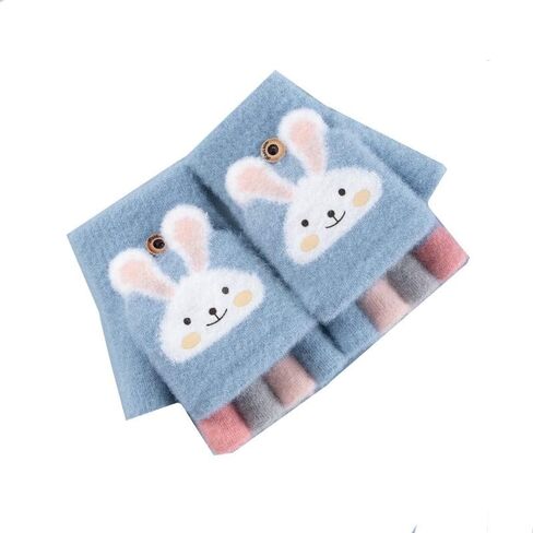 Kids Convertible Fingerless Gloves Cat Bunny Knit Flap Cover Mittens Half Finger Stretchy Mitten Glove for Girls Boys 6-12Y in Saudi Arabia