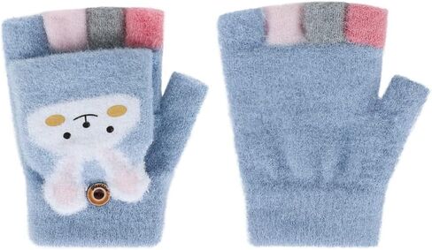 Kids Convertible Fingerless Gloves Cat Bunny Knit Flap Cover Mittens Half Finger Stretchy Mitten Glove for Girls Boys 6-12Y in Saudi Arabia