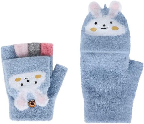 Kids Convertible Fingerless Gloves Cat Bunny Knit Flap Cover Mittens Half Finger Stretchy Mitten Glove for Girls Boys 6-12Y in Saudi Arabia