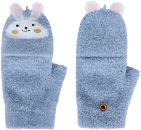 Kids Convertible Fingerless Gloves Cat Bunny Knit Flap Cover Mittens Half Finger Stretchy Mitten Glove for Girls Boys 6-12Y in Saudi Arabia