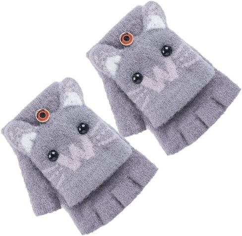 Kids Convertible Fingerless Gloves Cat Bunny Knit Flap Cover Mittens Half Finger Stretchy Mitten Glove for Girls Boys 6-12Y in Saudi Arabia